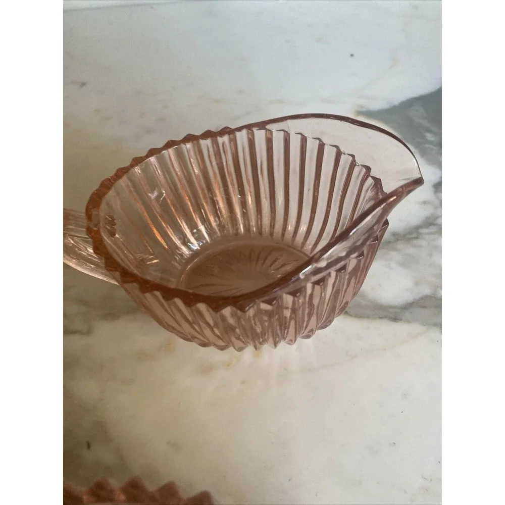 Pink Depression Pressed Glass Sugar Bowl Creamer Art Deco